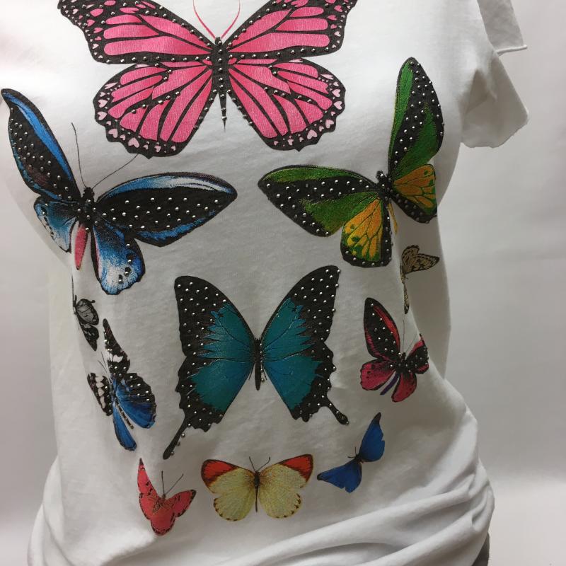 V.Milano Italy T-Shirt weiß Nieten Schnetterlinge bunt Größe M