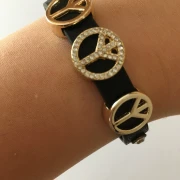 Modeschmuck Armband Farbe schwarz silber oder gold mit goldfarbenen  Peace-Zeichen Glitzer