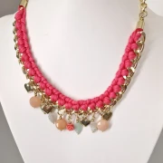 Kette Halskette goldfarbene Statement-Kette pink und Schmucksteinchen