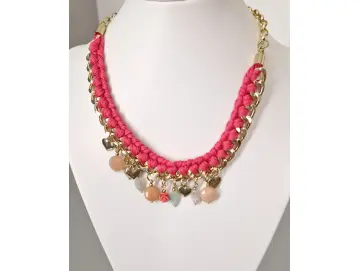Kette Halskette goldfarbene Statement-Kette pink und Schmucksteinchen
