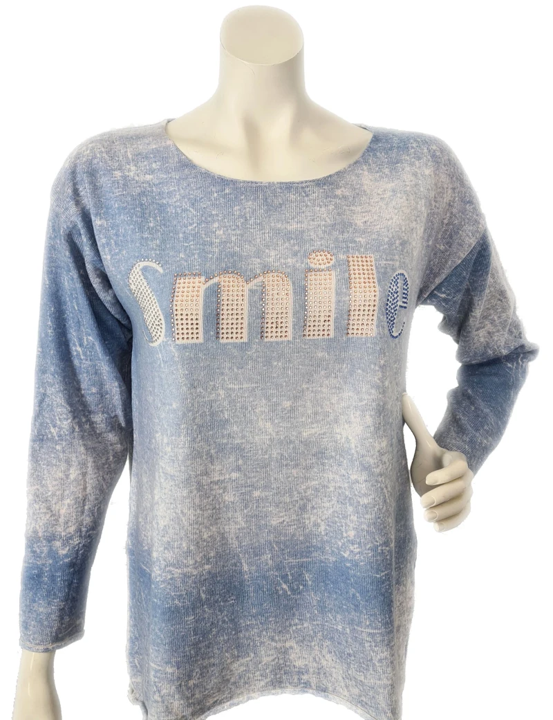 Zwillingsherz Strickpullover mit Glitzersteinchen “SMILE“  hellblau weiß