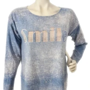 Zwillingsherz Strickpullover mit Glitzersteinchen “SMILE“  hellblau weiß