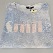 Zwillingsherz Strickpullover mit Glitzersteinchen “SMILE“  hellblau weiß