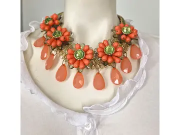 Sweet7 Statement Halskette Kette große Blüten und Schmucksteine orange grün